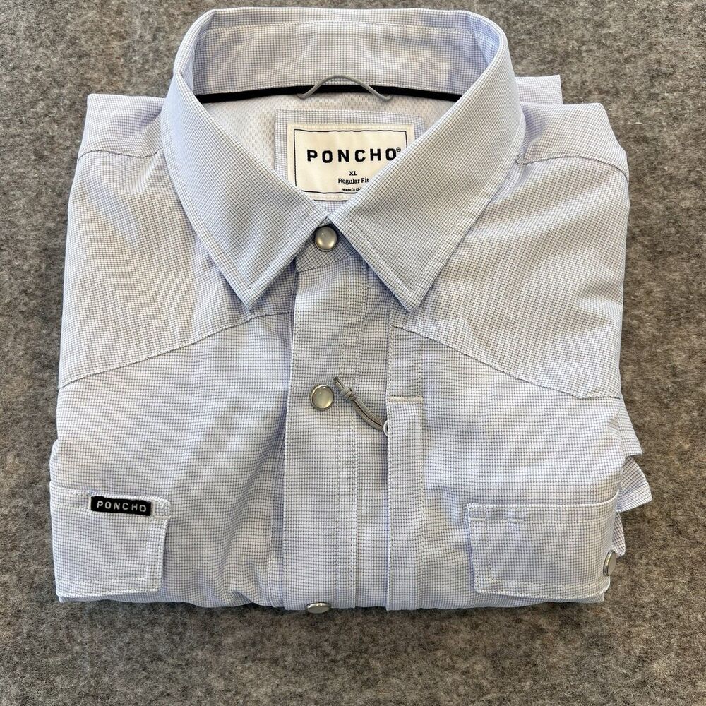 Poncho Men’s Pearl Snap Long Sleeve Lightweight Breathable Shirt Size XL Blue - Picture 10 of 11